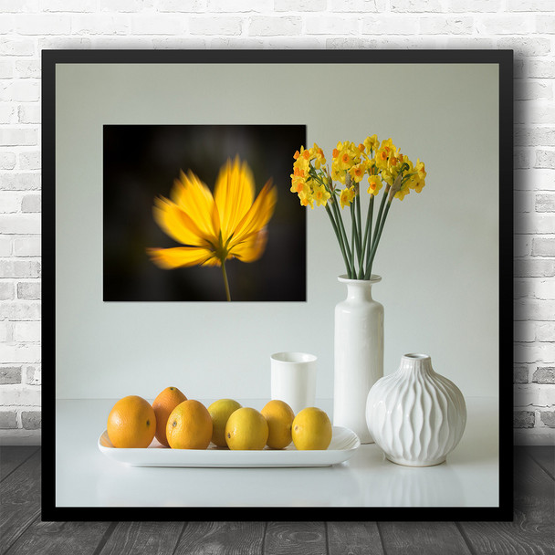 Still Life White Minimal Yellow Flowers Lemons And Oranges Square Wall Art Print