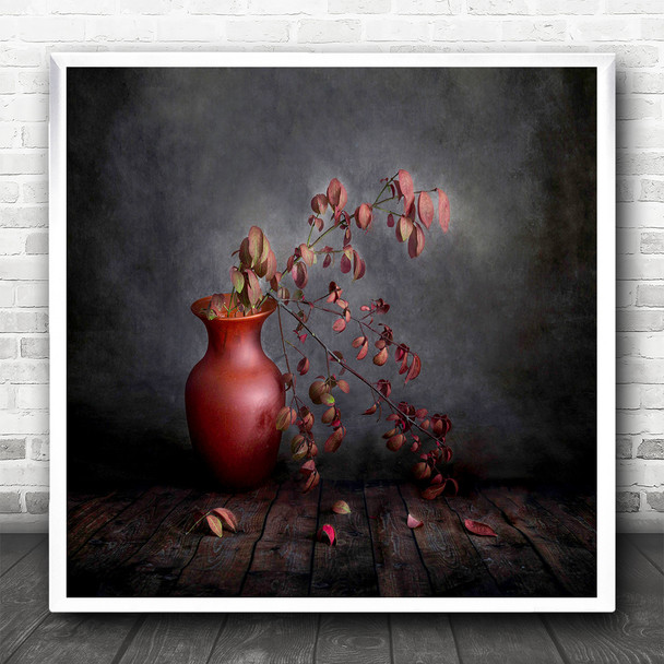 Still Life Red Autumn Fall Vase Leaves Season Seasons Seasonal Square Art Print