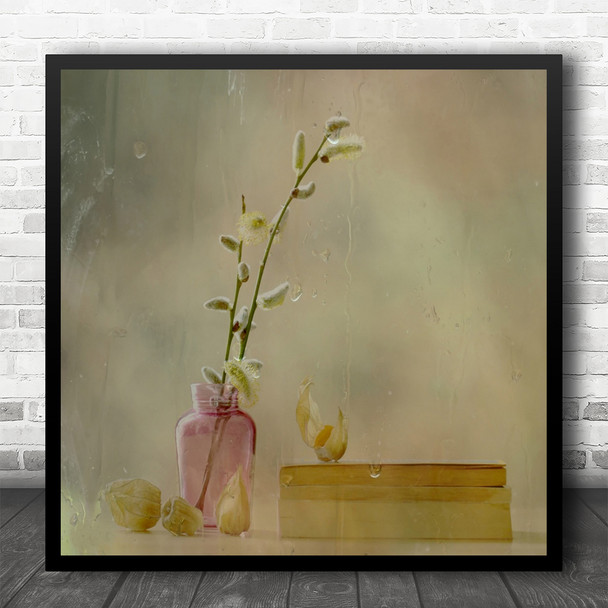 Still Life Vase Pink Glass Physialis Book Drop Drops Water Wet Square Art Print