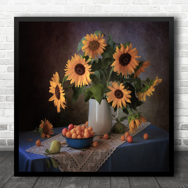 Sunflower Sunflowers Pear Fruit Summer Still Life Vase Bouquet Square Art Print