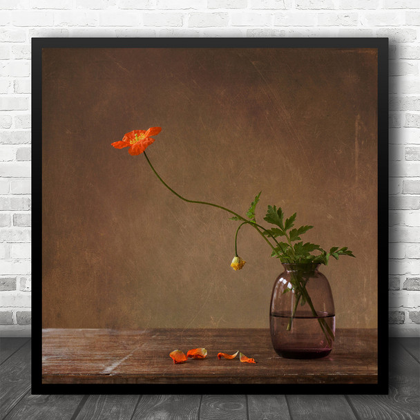 Orange Still Life Flower Petal Petals Poppies Vase Fallen Square Wall Art Print