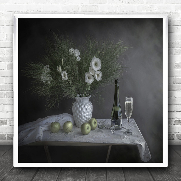 Table Wine Apples Vase Flowers Glass Still Life Fruit Drink Square Art Print