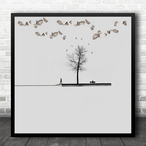 Drawing Sketch Pencil Shavings Tree Birds Walking Away Square Wall Art Print