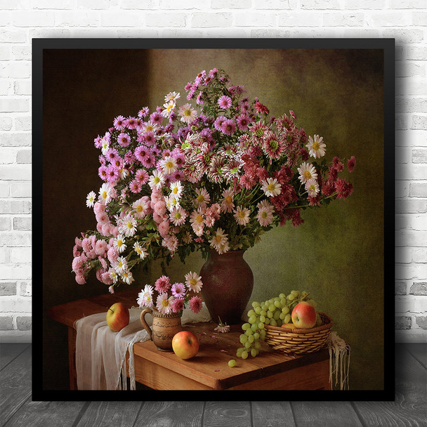 Still Life Bloom Blossom Basket Flowers Vase Bouquet Square Wall Art Print
