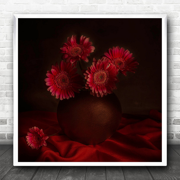 Still Life Macro Red Colours Vase Flowers Scarf Dark Square Wall Art Print