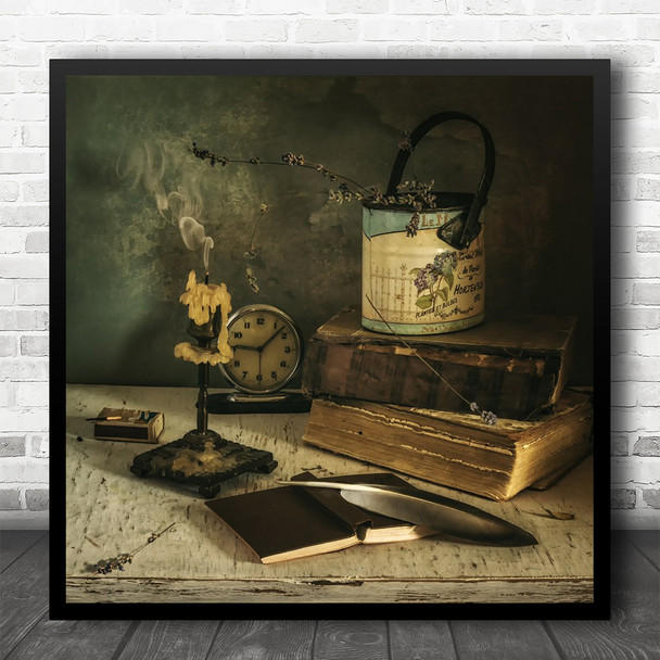 Still Life With Books. Vintage Retro Feather Candle. Square Wall Art Print