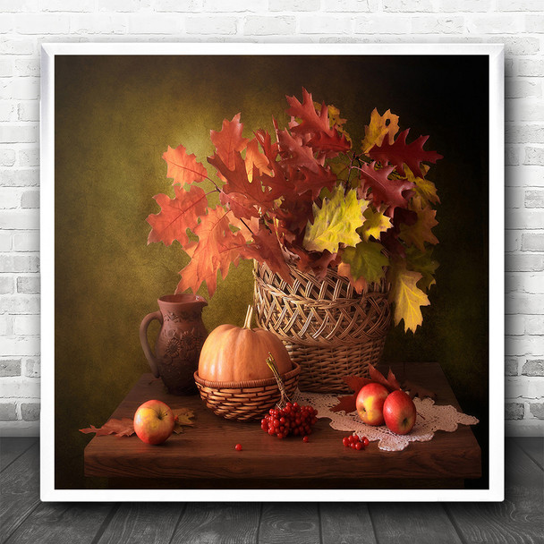 Autumnal Display Leaves Pumpkins Apples Still Life Square Wall Art Print