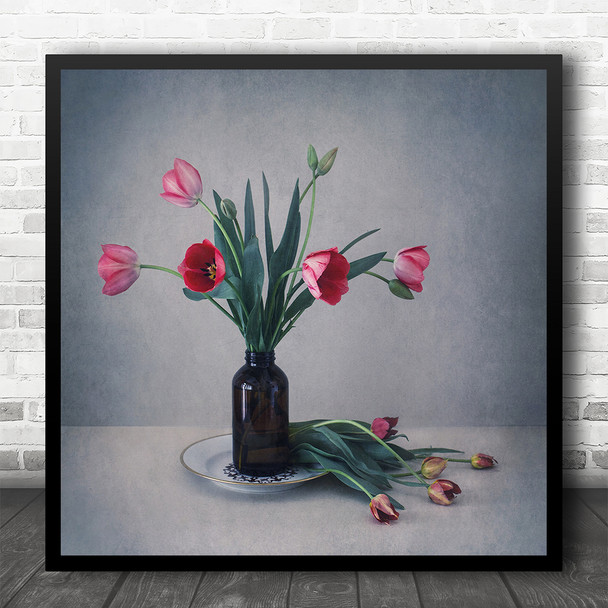 Still Life With Tulips In Vase Blossomed Withered Square Wall Art Print