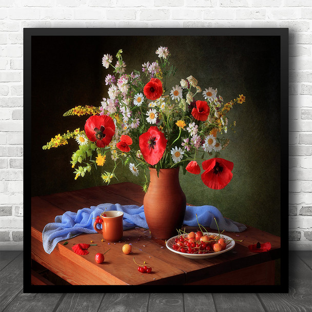 Red Bouquet Flowers Ase Mug Cup Cherries Summer Square Wall Art Print