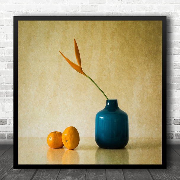 Still Life Pottery Vase Heliconia And Mandarins Square Wall Art Print