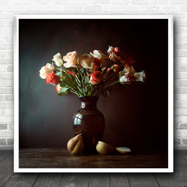 Still Life Vase Bouquet Flowers Roses Botanical Square Wall Art Print