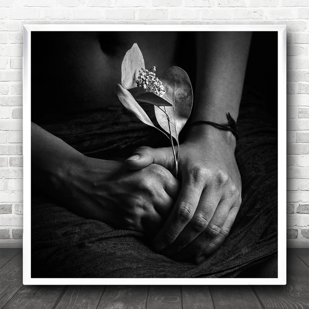 Black And White Hands Holding Withered Flower Square Wall Art Print