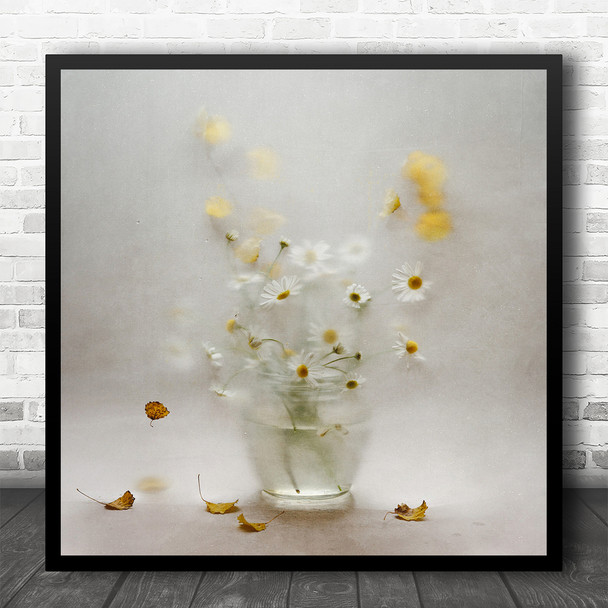 Blur Still Life Daisies In Vase Autumn Leaves Square Wall Art Print