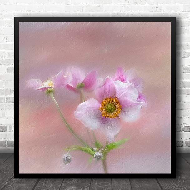 Pink Japanese Anemone Still Life Blur Flowers Square Wall Art Print