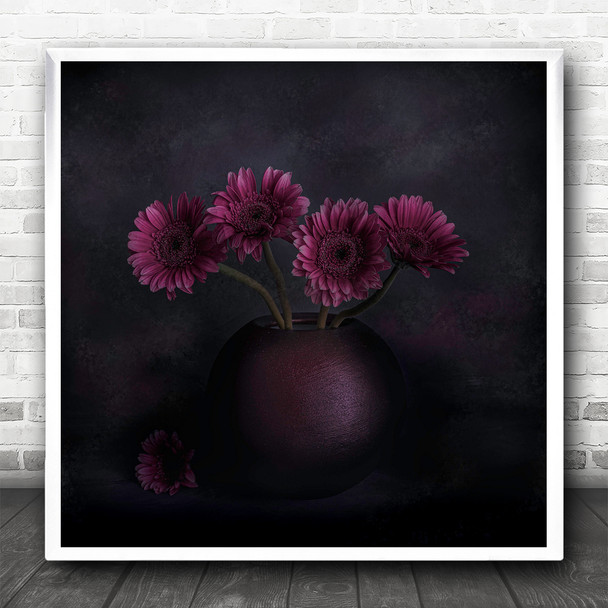 Still Life Flowers Vase Background Dark Pink Square Wall Art Print