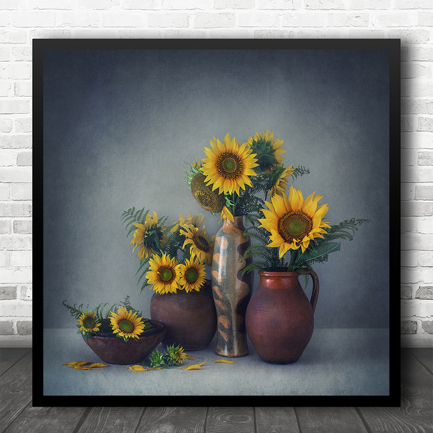 Still Life With Sunflowers In Vases Vintage Square Wall Art Print