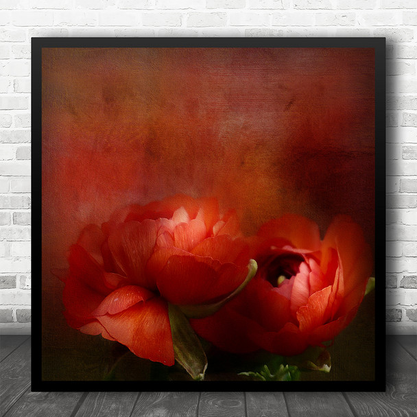 Macro Red Flowers Blooming Blur Still Life Square Wall Art Print