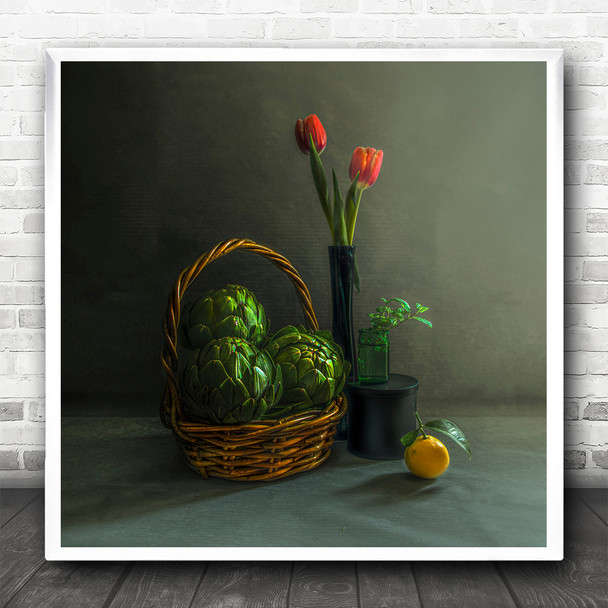 Artichoke Basket Flowers Fruit Still Life Square Wall Art Print