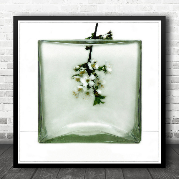 Still Life Flower Bottle Green Twig White Square Wall Art Print