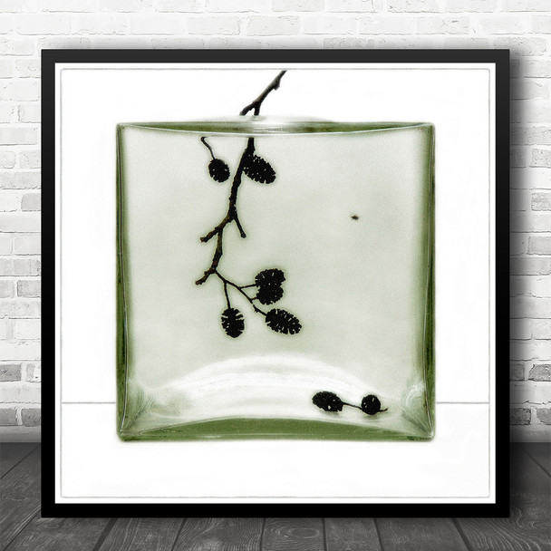 Still Life Acorn Branch Green Glass Vase Square Wall Art Print