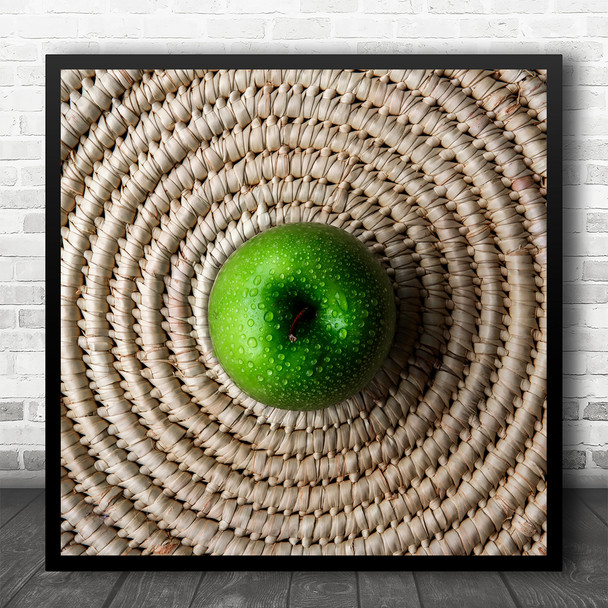 Apple Fruit Centre Green Drops Water Still Life Circle Square Wall Art Print