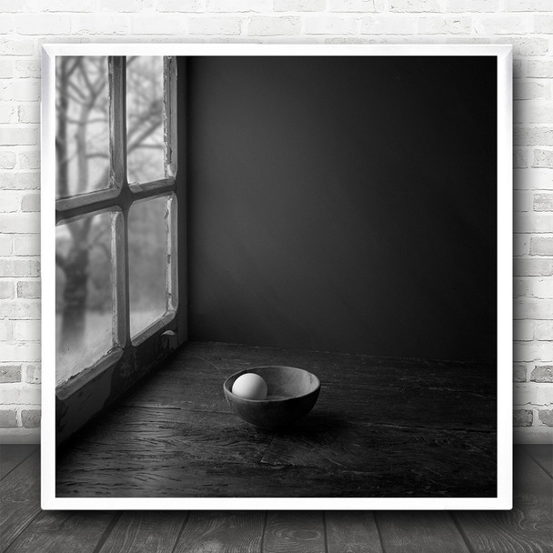 Black And White Still Life Egg In Bowl Window Ledge Square Wall Art Print