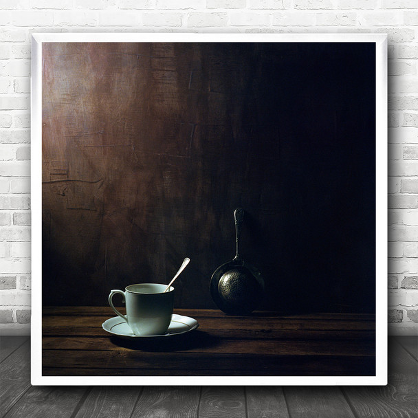 Still Life Shadows Tea Cup Tea Strainer Square Wall Art Print