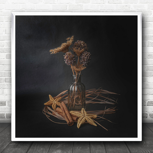 Dark-Tones Nature Flowers Starfish Cinnamon Square Wall Art Print