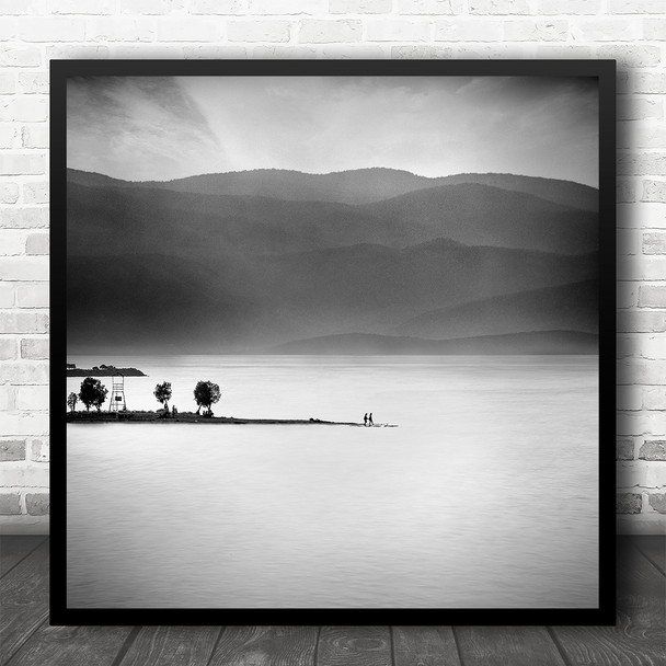 Fine Art Black And White Seascape Beach Water Mountains Minimal Square Art Print