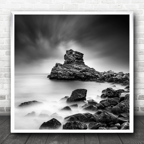 Fine Art Black White Minimal Seascape Water Rocks Coastal Shore Square Art Print