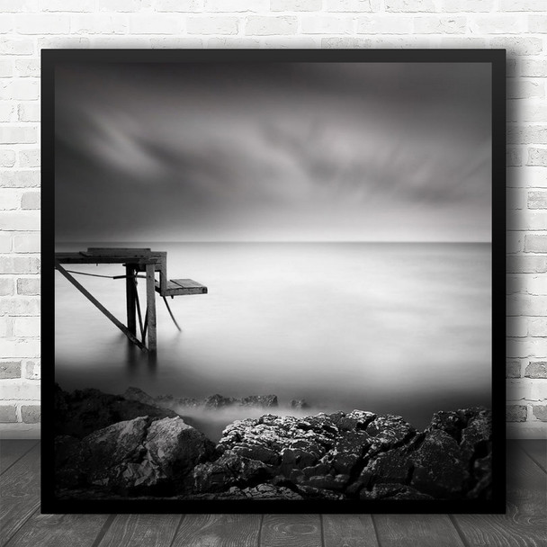 Sky Clouds Rocks Mole Pier Jetty Bridge Sea Ocean Coast Coastal Square Art Print