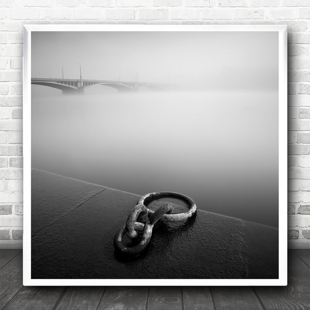 Prague City River B&W Bridge Mist Czech Republic Long Exposure Square Art Print