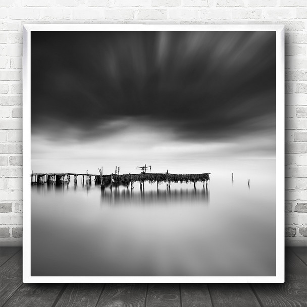 Fine Art Black White Seascape Landscape Long Exposure Fishing Square Art Print