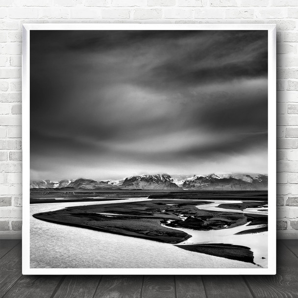 Iceland Black And White Fine Art River Landscape Water South Square Art Print
