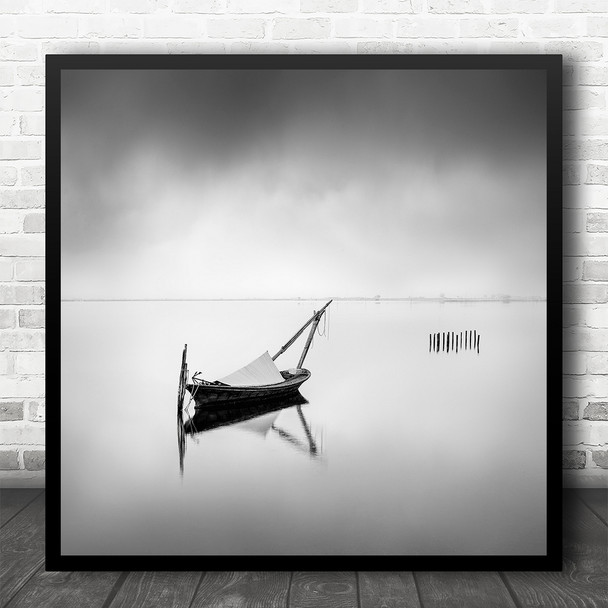 Minimal Seascape Boat Traditional Mesolongi Lagoon Mist Square Wall Art Print