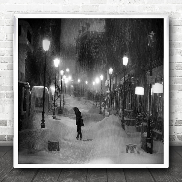 Snow Winter Snowing Cold Lamps B&W Street Road Person Snowy Square Art Print