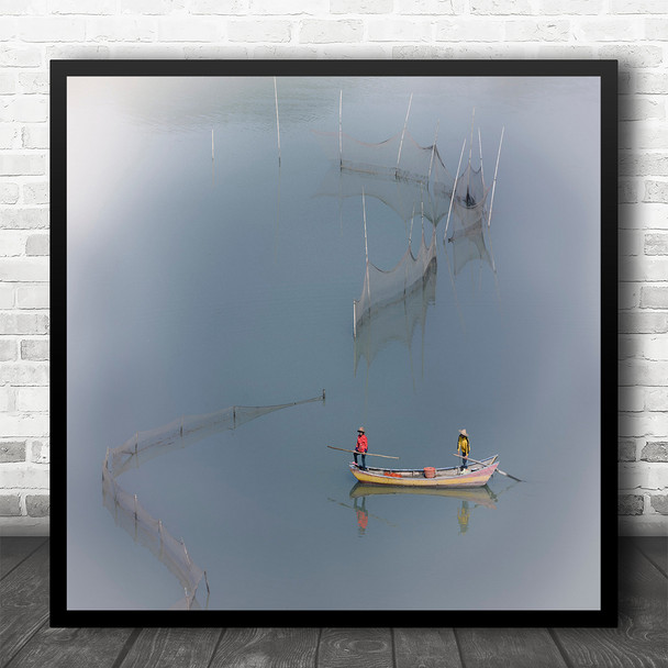 Landscape Lake Fishing Net Fishermen Life Aerial View Square Wall Art Print