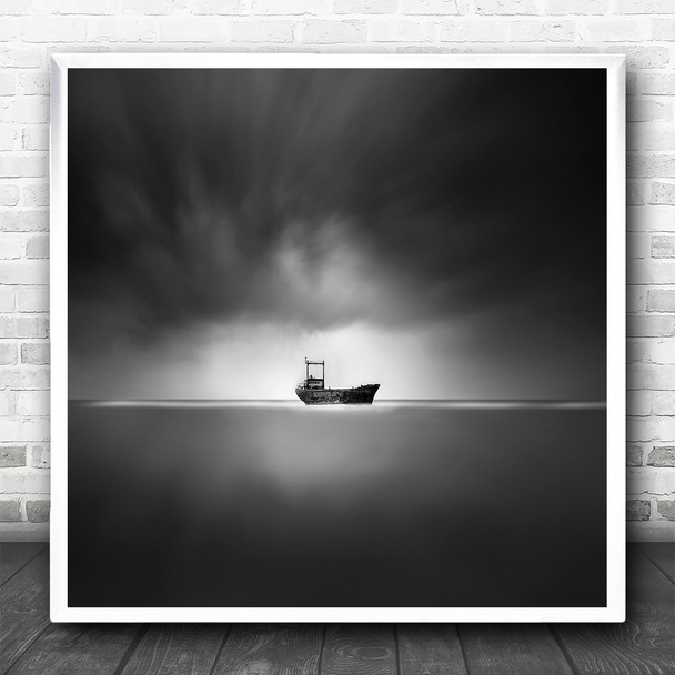 Fine Art Black And White Minimal Seascape Wreck Ship Square Wall Art Print