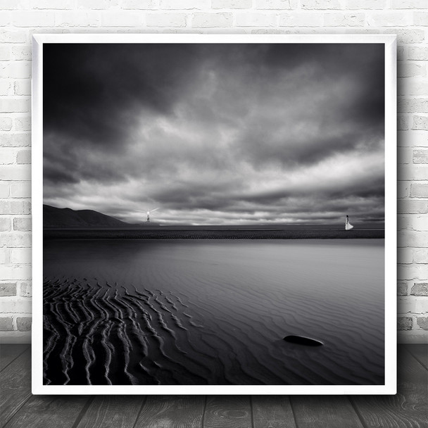 Fog Landscape Black And White Beach Woman Lighthouse Square Wall Art Print