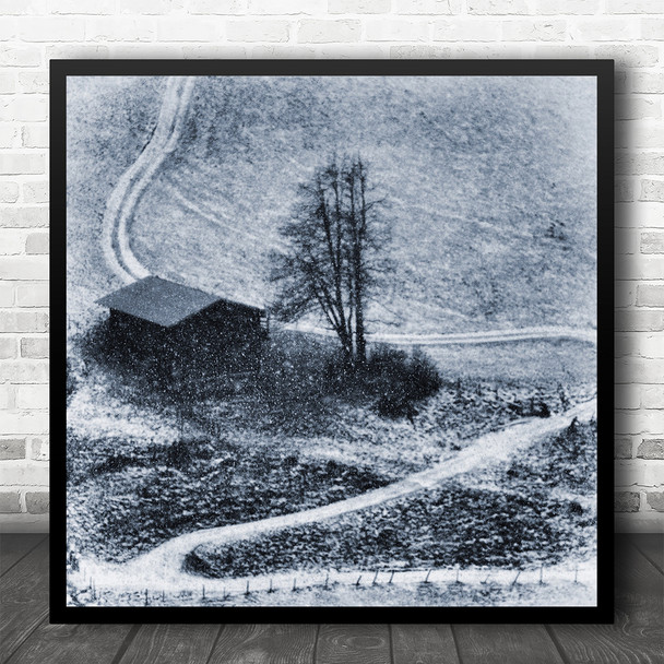 Landscape Aerial View Winter Mornings Snowy Field Square Wall Art Print