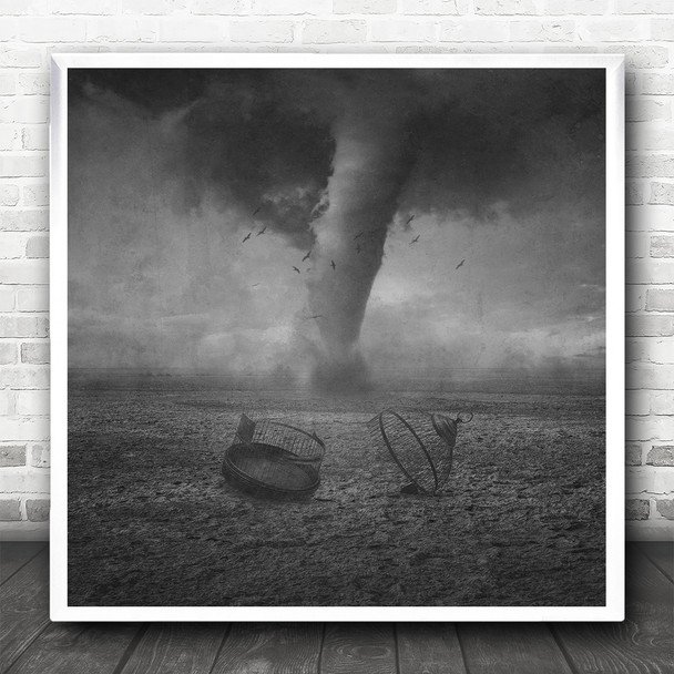Black And White Isolated Tornado Broken Birdcage Square Wall Art Print