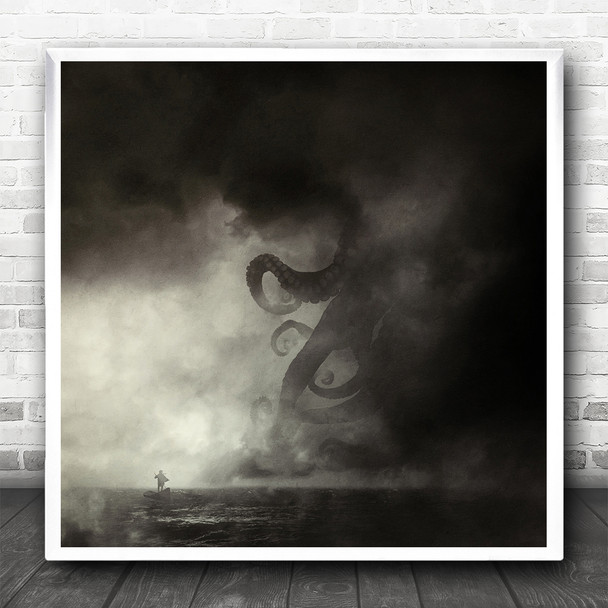 Kraken Monster Sea Tentacle Black And White Fog Square Wall Art Print