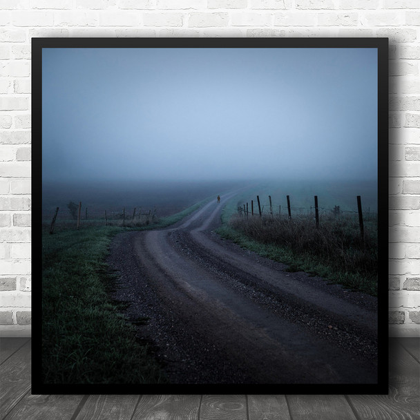 Landscape Misty Morning Field Walking Dirt Road Square Wall Art Print