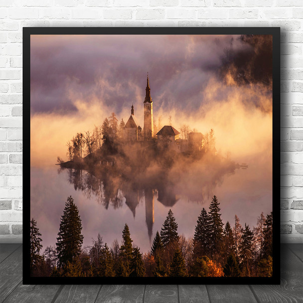 Lake Church Castle Morning Mist Fog Reflection Square Wall Art Print