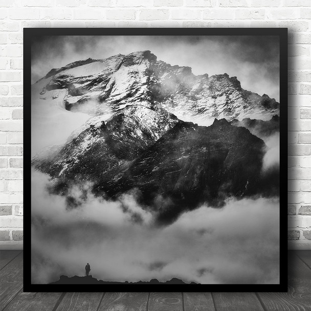 Black And White Rocky Mountain Snowy Climber Square Wall Art Print