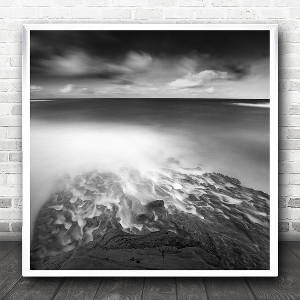 Ocean Rock Seascape Water Monochrome Clouds Square Wall Art Print
