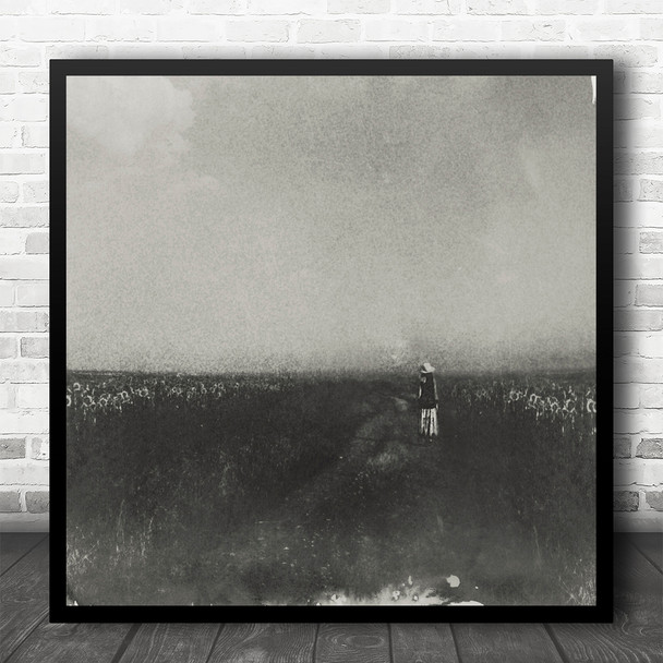 Black And White Grain Field Figure Farming Square Wall Art Print