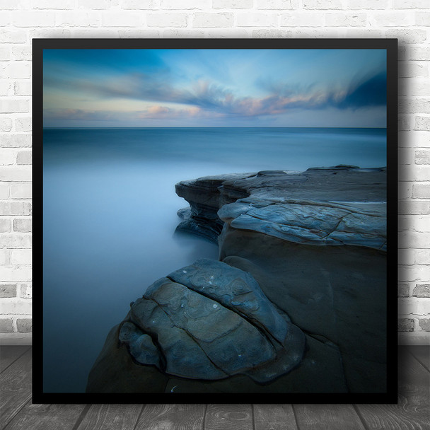 Rock Coast Water Smooth Tranquillity Blue Square Wall Art Print