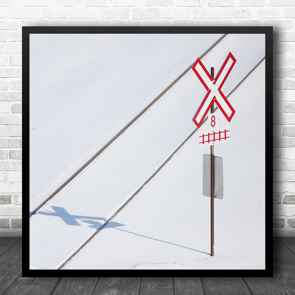 Snowy Morning Warning Signs Train Tracks Square Wall Art Print