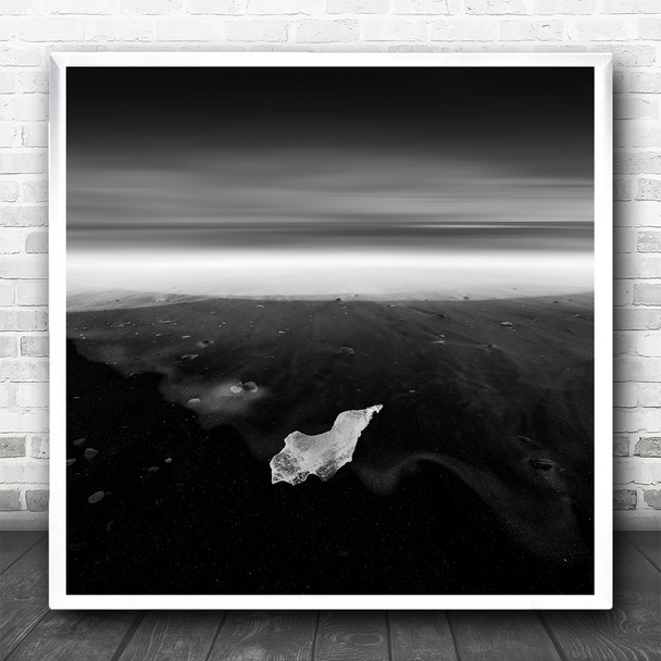 Black And White Landscape Ice Sea Shore Square Wall Art Print